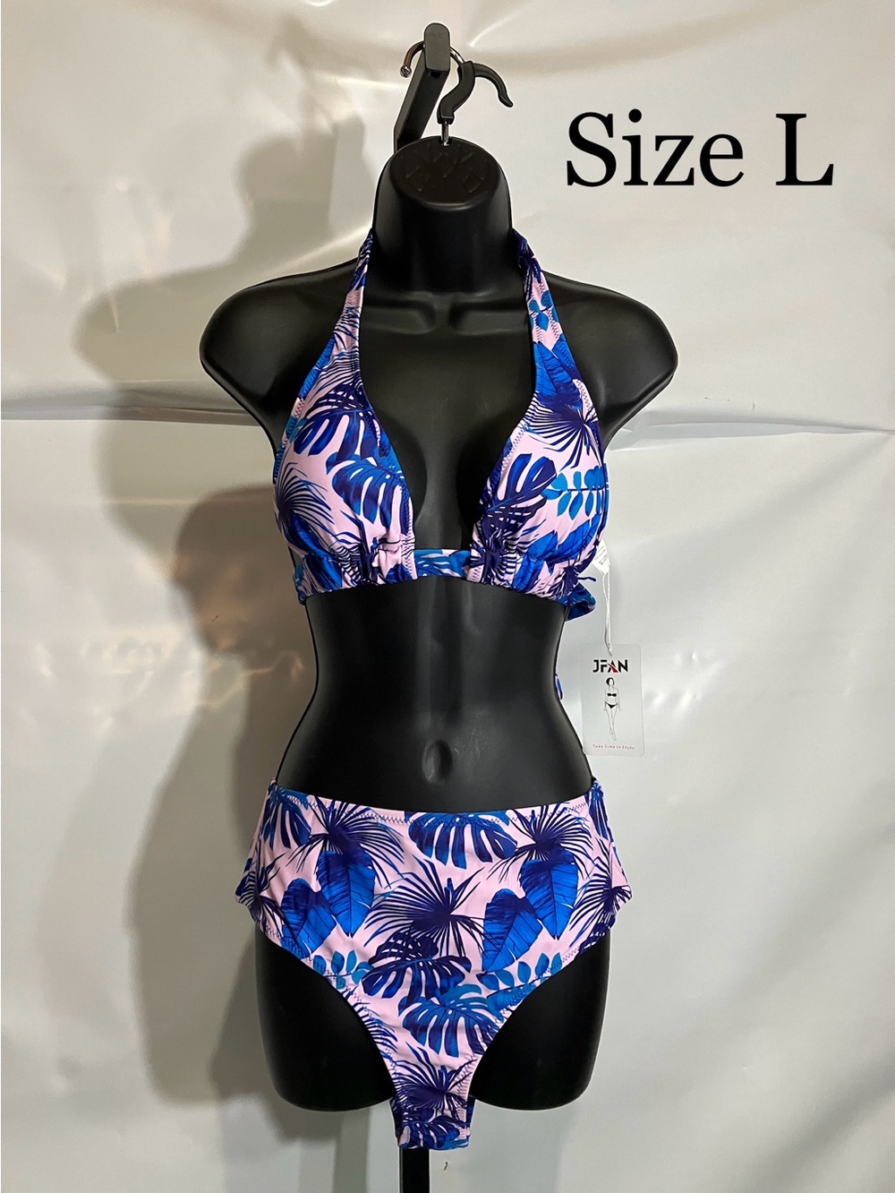 Women’s Pink & Blue Tropical Halter Bikini Swimsuit Size Large